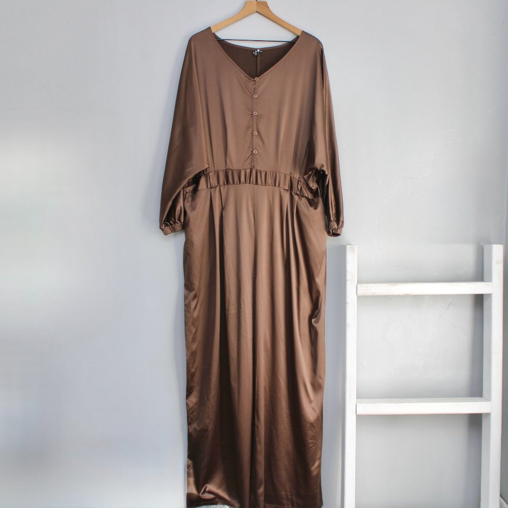Xpluswear Brown Satin Long Sleeve  Pants Jumpsuit Size 3XL